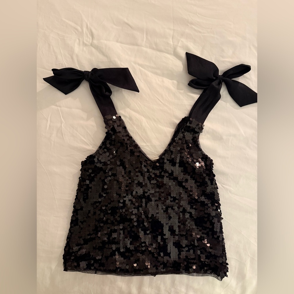 Maeve Black Sequin Tie-Shoulder Tank